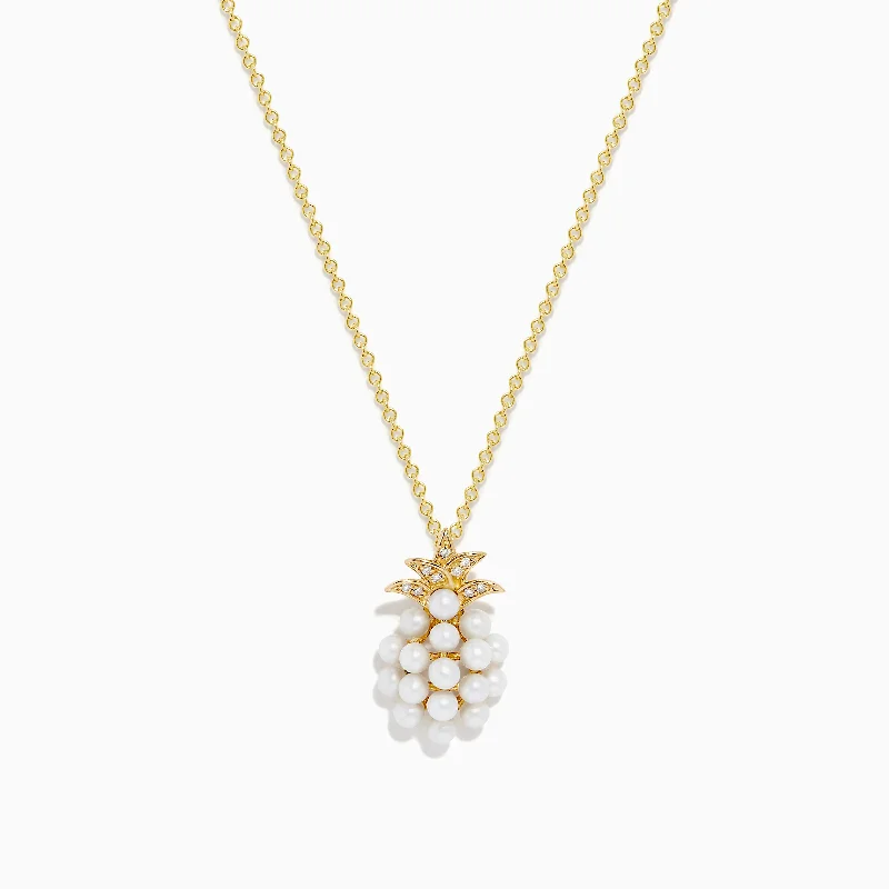 geometric necklace-Novelty 14K Yellow Gold Pearl & Diamond Pineapple Pendant