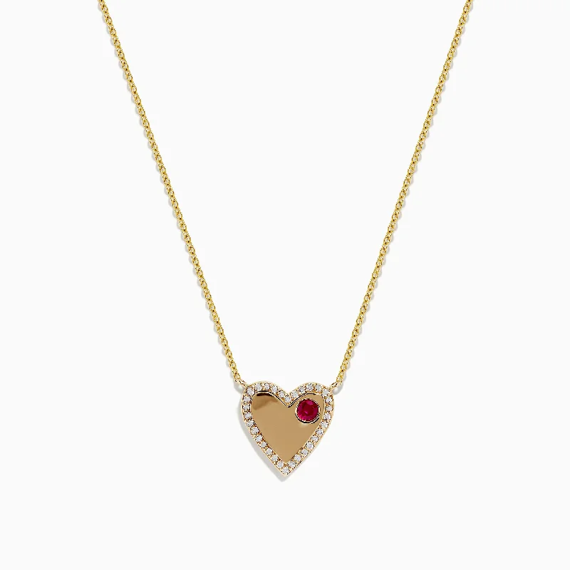 chakra necklace-Novelty 14K Yellow Gold Ruby and Diamond Heart Necklace, 0.29 TCW