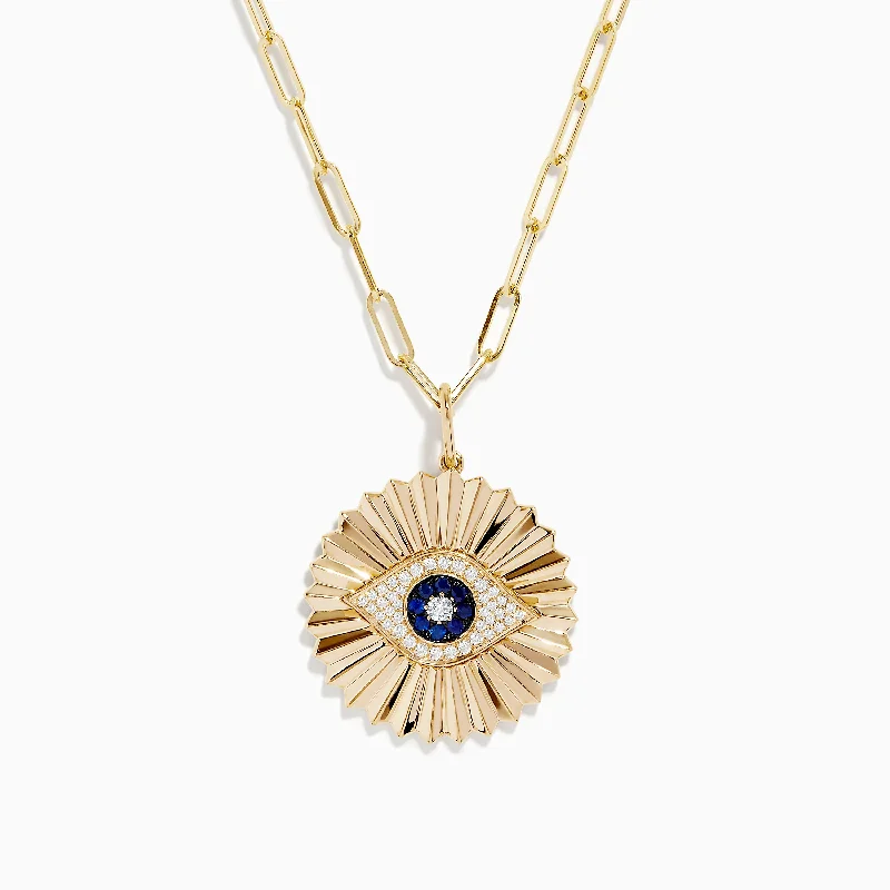 infinity diamond necklace-Novelty 14K Yellow Gold Sapphire and Diamond Evil Eye Disk Pendant