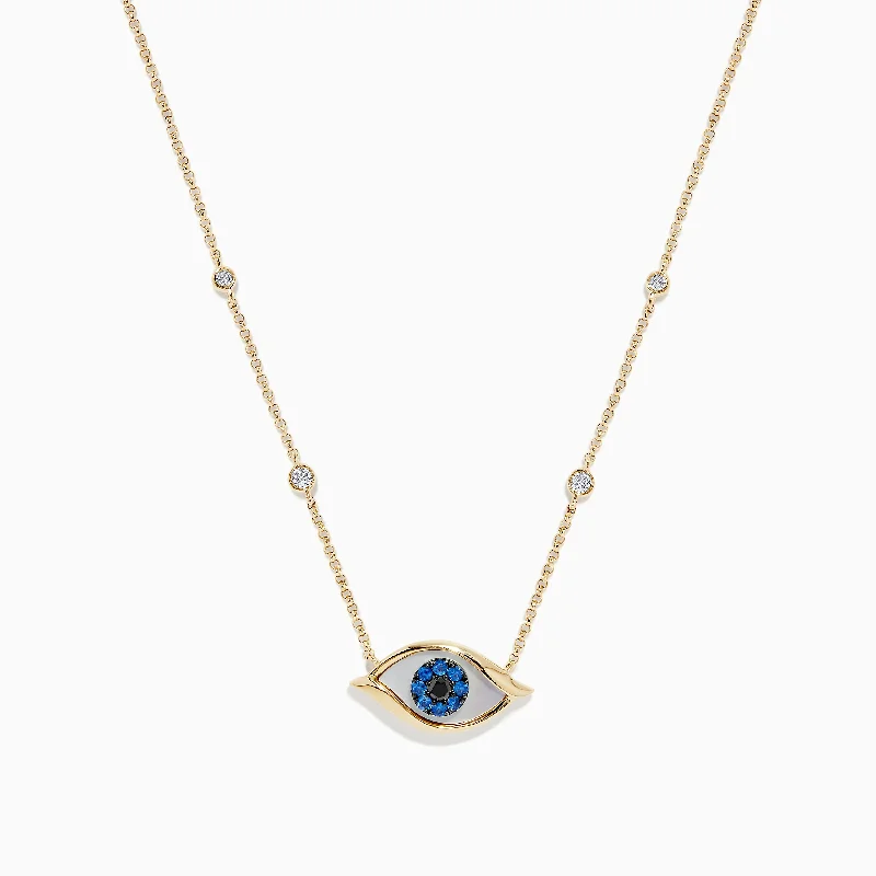 personalized family necklace-Novelty 14K Yellow Gold Sapphire and Diamond Evil Eye Necklace