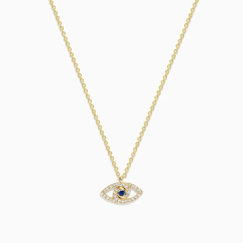 boho chic necklace-Novelty 14K Yellow Gold Sapphire and Diamond Evil Eye Pendant