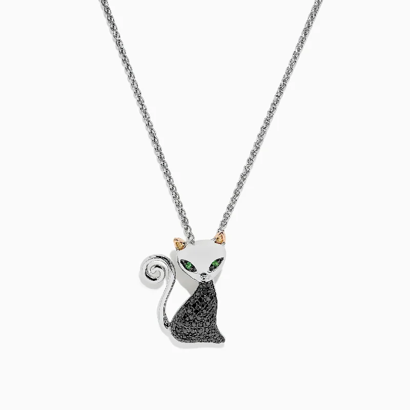 vintage pearl necklace-Novelty Sterling Silver Black Diamond Cat Pendant, 0.28 TCW