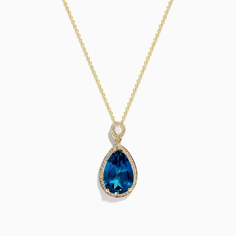 square pendant necklace-Ocean Bleu 14K Yellow Gold Blue Topaz and Diamond Teardrop Pendant