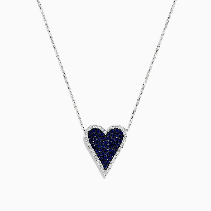 custom text necklace-Royale Bleu 14K White Gold Blue Sapphire and Diamond Heart Necklace