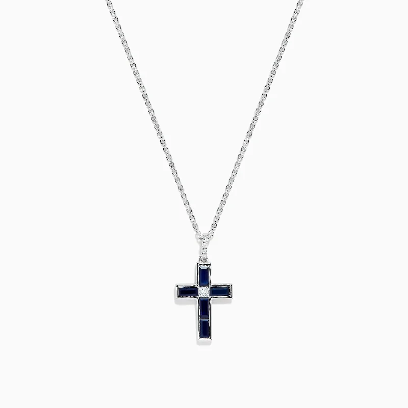 men’s chain necklace-Royale Bleu 14K White Gold Sapphire and Diamond Cross Pendant