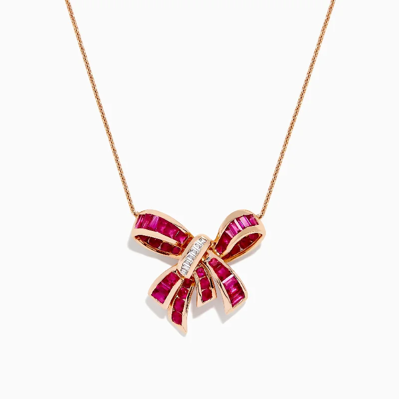 luxury diamond necklace-Ruby Royale 14K Rose Gold Ruby and Diamond Bow Necklace, 2.97 TCW