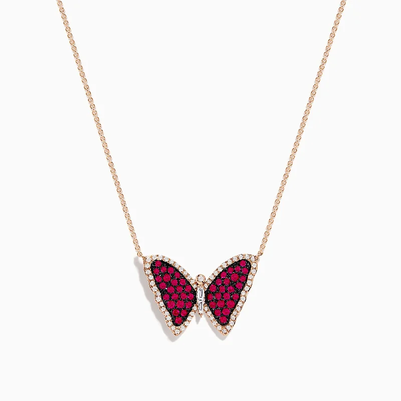 celestial necklace for women-Ruby Royale 14K Rose Gold Ruby Butterfly Necklace