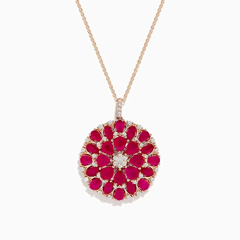 custom sterling silver necklace-Ruby Royale 14K Rose Gold Ruby and Diamond Flower Pendant