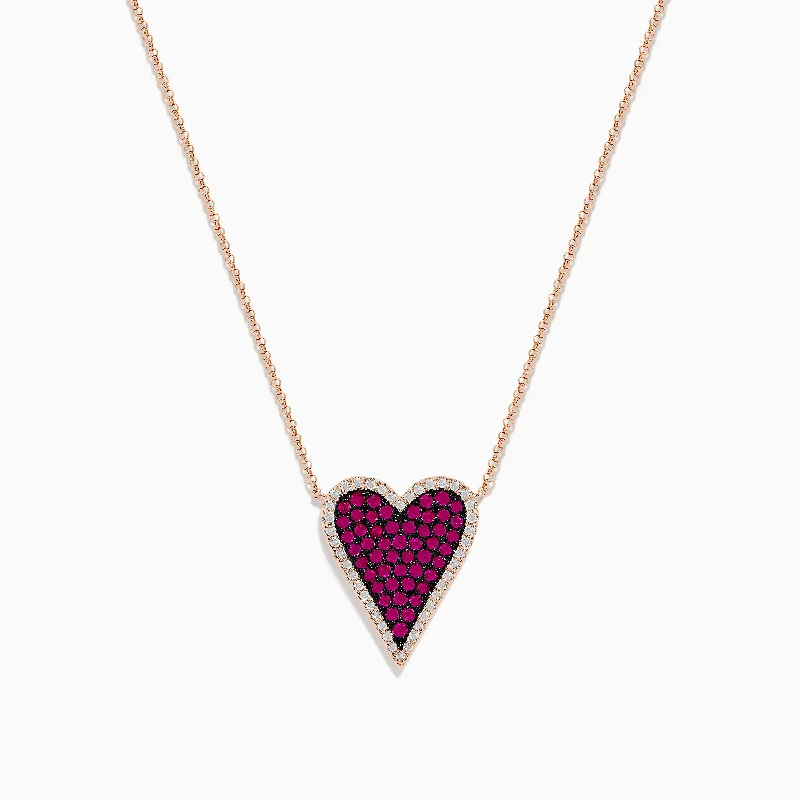 choker necklace for women-Ruby Royale 14K Rose Gold Pave Ruby Heart Pendant Necklace