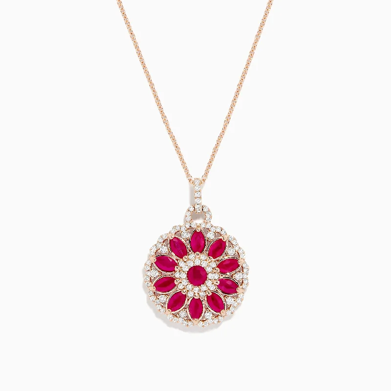 long silver necklace-Ruby Royale 14K Rose Gold Ruby and Diamond Mandala Pendant