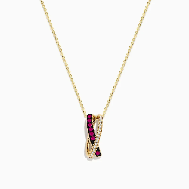 square pendant necklace-Ruby Royale 14K Yellow Gold Ruby and Diamond Crossover Pendant