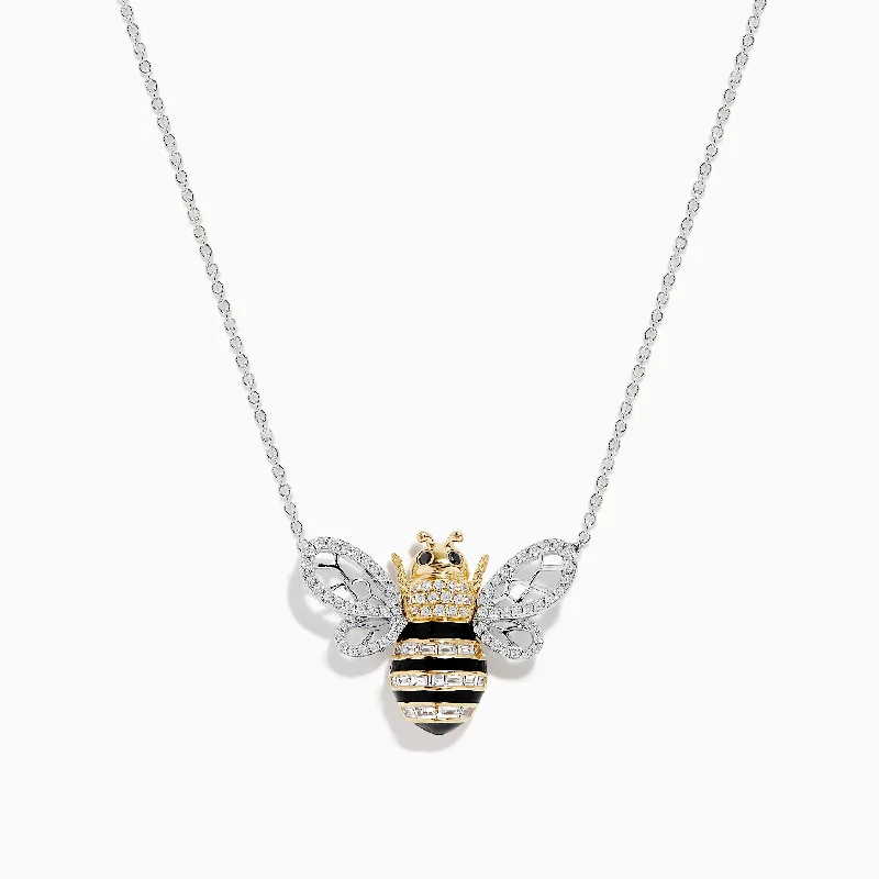 minimalistic necklace-Safari 14K White Gold White and Black Diamond Bee Necklace