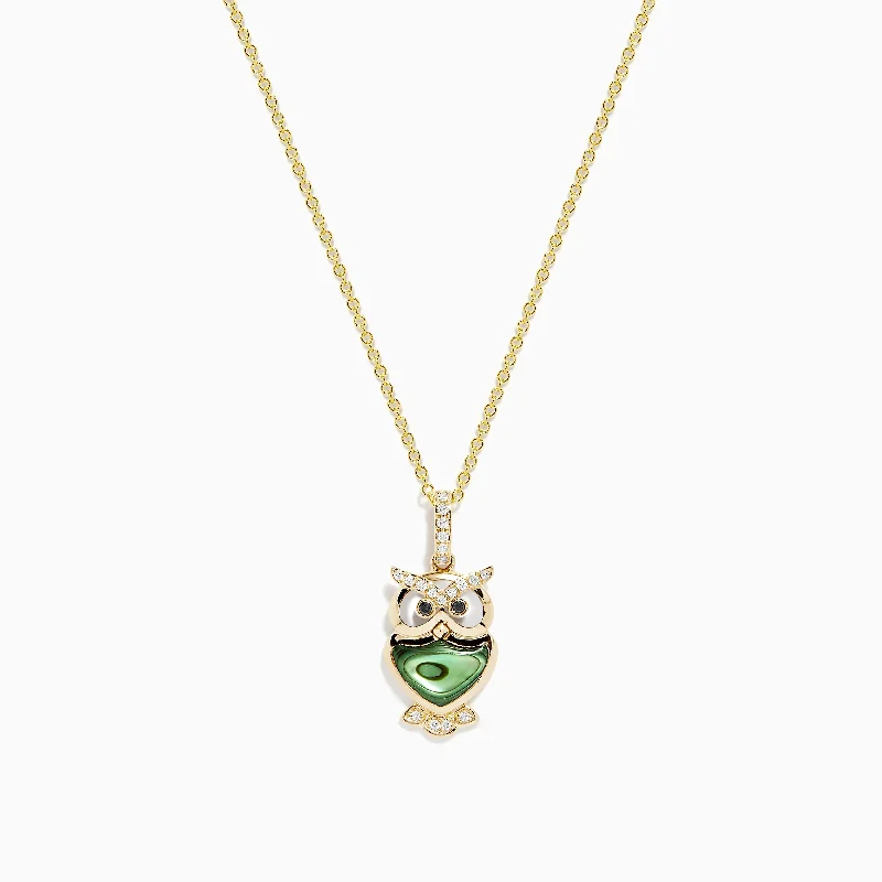 silver nameplate necklace-Safari 14K Yellow Gold Abalone and Diamond Owl Pendant