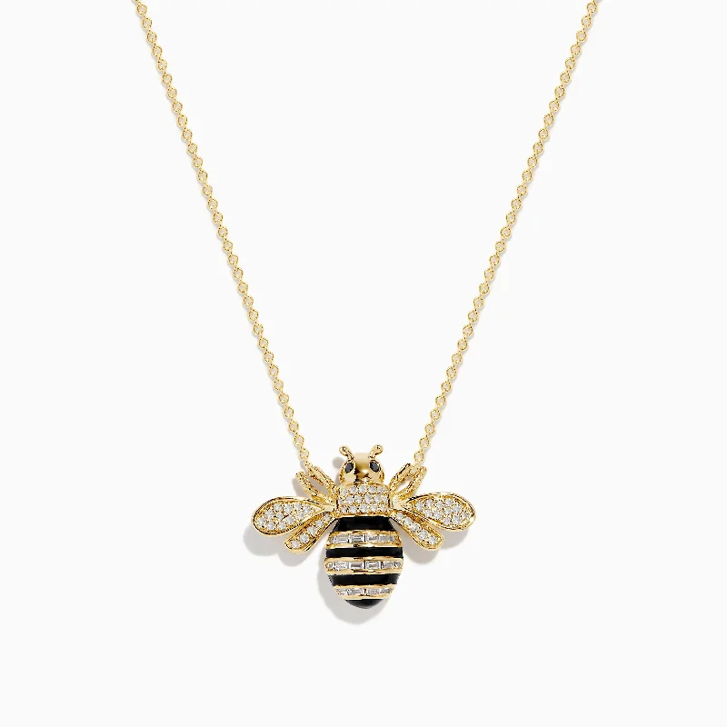 gold coin necklace-Safari 14K Yellow Gold Black and White Diamond Bee Necklace