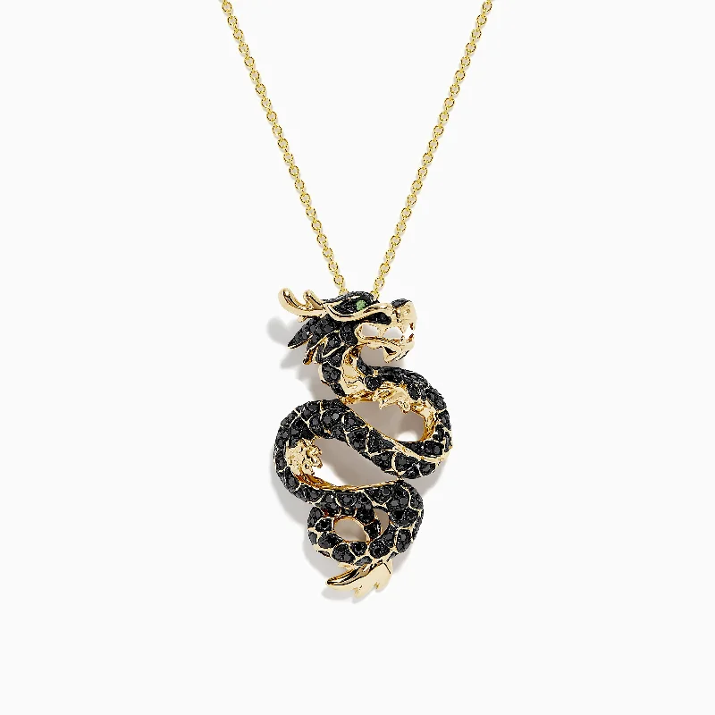 elegant crystal necklace-Safari 14K Yellow Gold Black and White Diamond Dragon Pendant