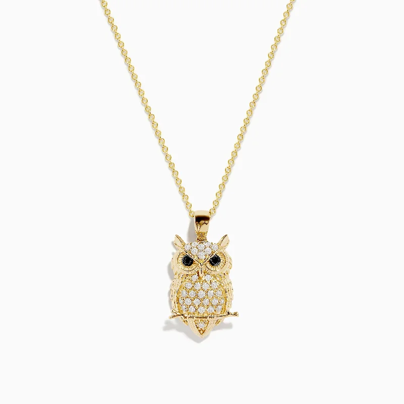 geometric gold necklace-Safari 14K Yellow Gold Black and White Diamond Owl Pendant