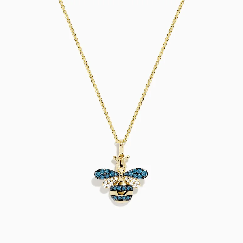 adjustable silver necklace-Safari 14K Yellow Gold Blue and White Diamond Bee Pendant