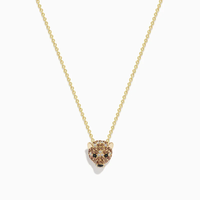 long silver necklace-Safari 14K Yellow Gold Brown, Black, and White Diamond Bear Pendant