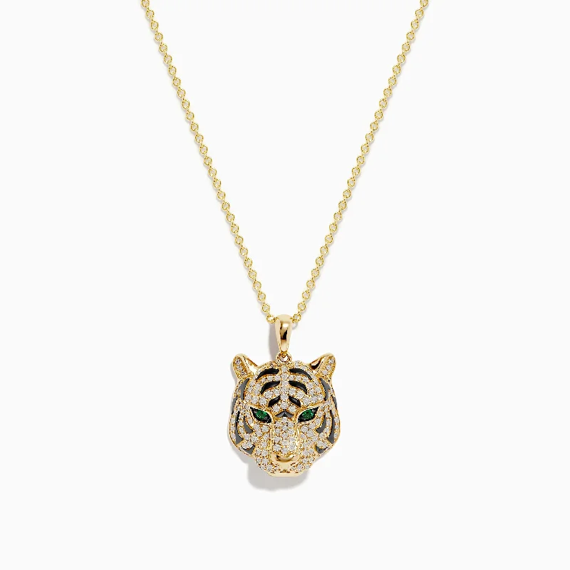 silver wire necklace-Safari 14K Yellow Gold Diamond and Emerald Tiger Pendant