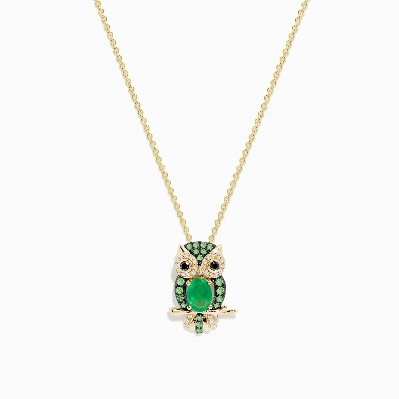 infinity love necklace-Safari 14K Yellow Gold Emerald and Diamond Owl Pendant