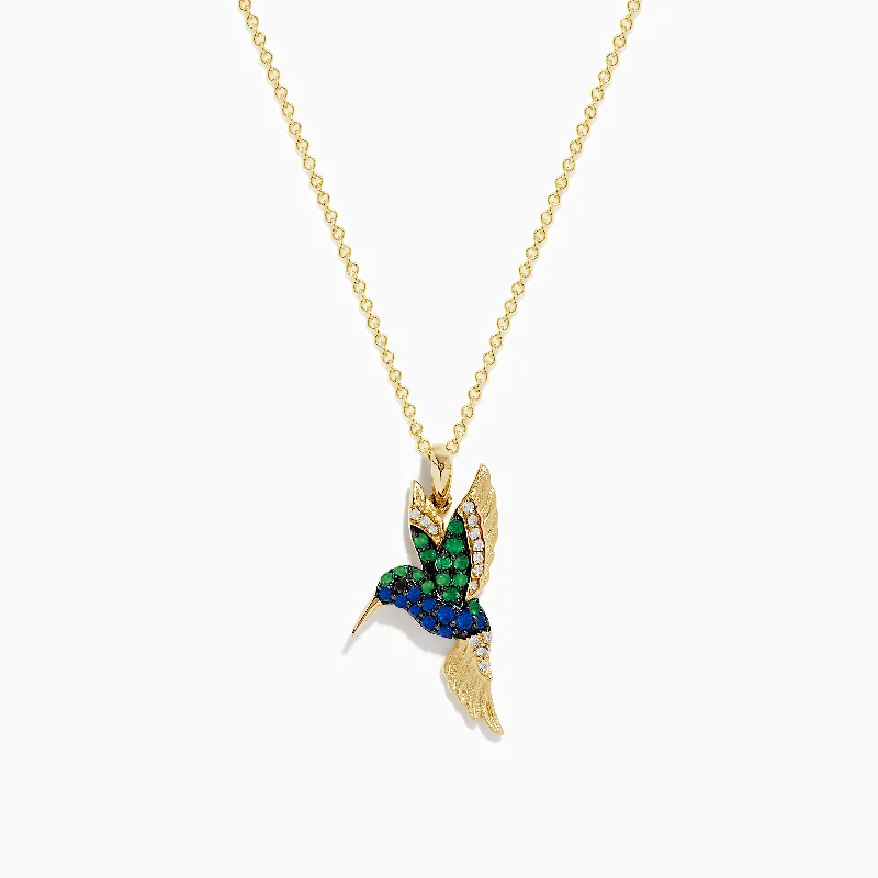 boho gemstone necklace-Safari 14k Yellow Gold Emerald and Sapphire Bird Pendant