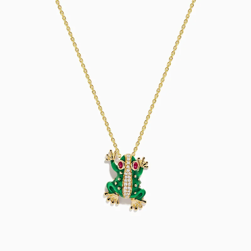 sapphire necklace-Safari 14K Yellow Gold Enamel, Diamond, and Ruby Frog Necklace