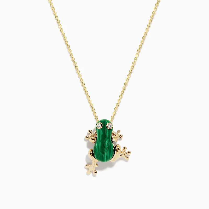 chakra necklace-Safari 14K Yellow Gold Malachite and Diamond Frog Pendant