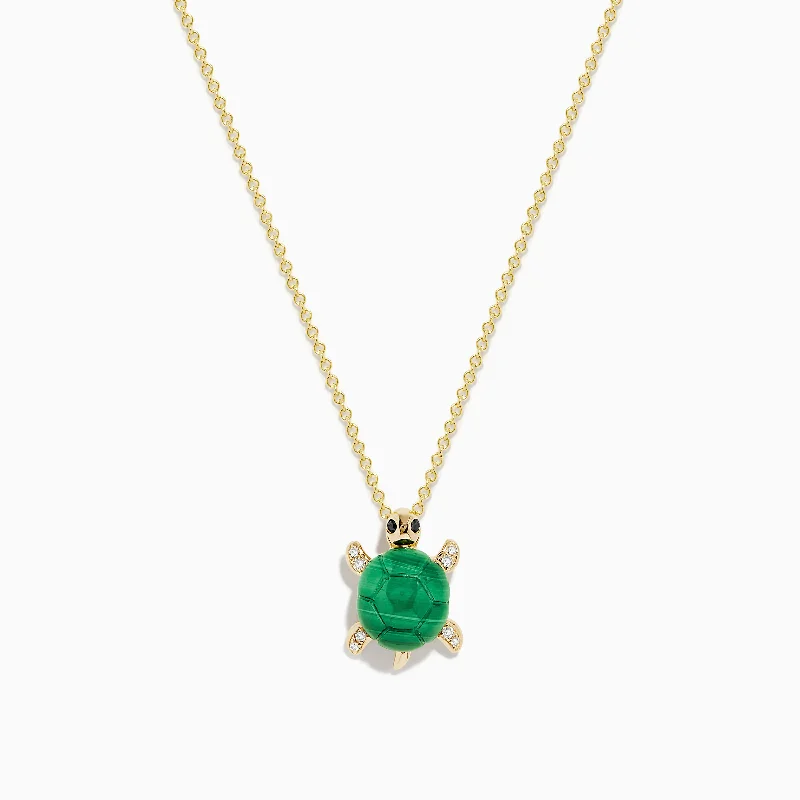 classic gold necklace-Seaside 14K Yellow Gold Malachite and Diamond Turtle Pendant