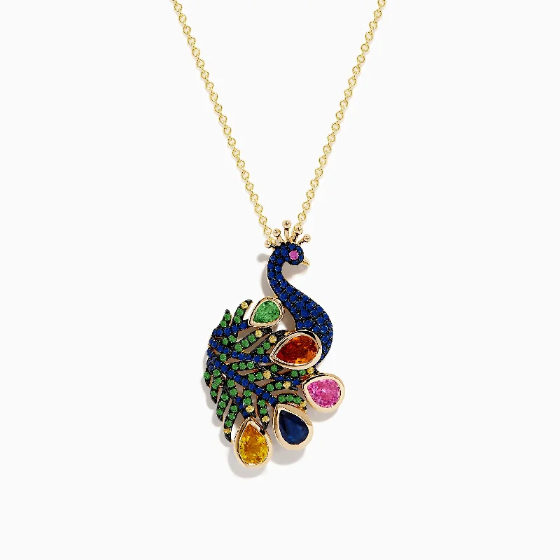 silver teardrop necklace-Safari 14k Yellow Gold Multi Sapphire Peacock Pendant