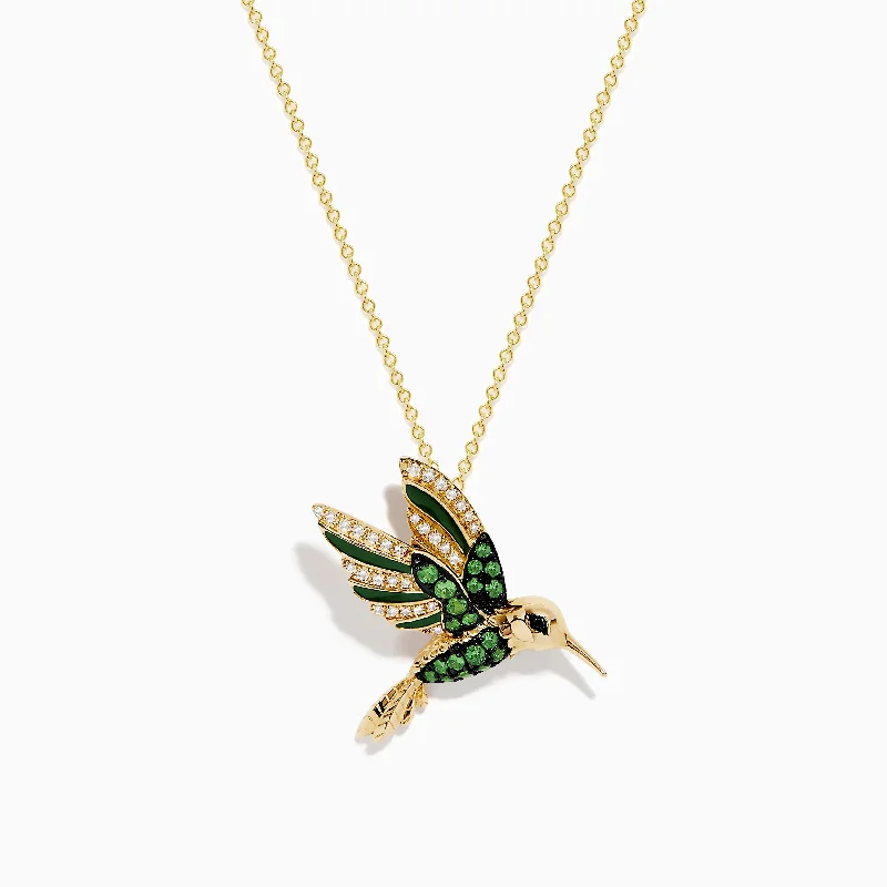 adjustable charm necklace-Safari 14k Yellow Gold Tsavorite and Diamond Bird Pendant