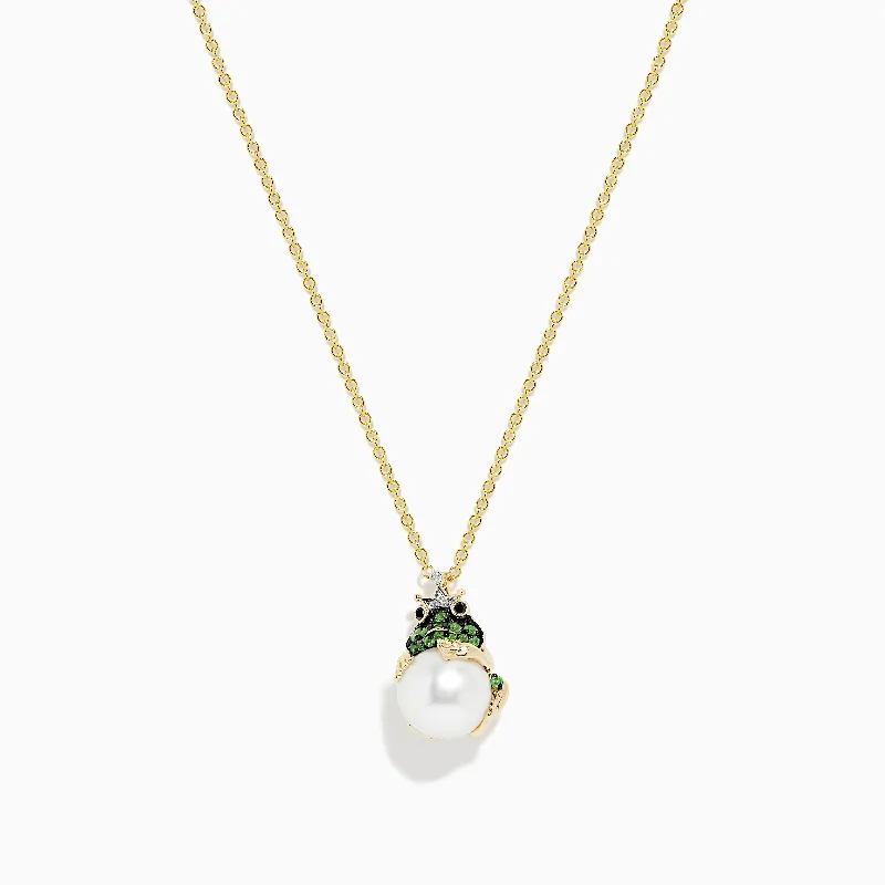 personalized stone necklace-Safari 14K Yellow Gold Tsavorite, Diamond and Pearl Frog Pendant