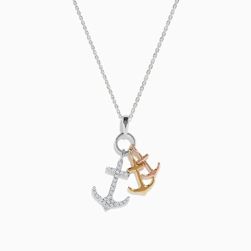 gemstone charm necklace-Seaside 14K 3 Color Gold Diamond 3 Anchor Pendant