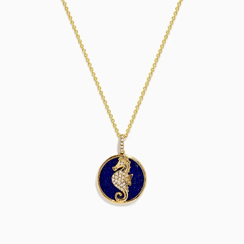 custom name necklace-Seaside 14K Gold Lapis and Diamond Seahorse Pendant