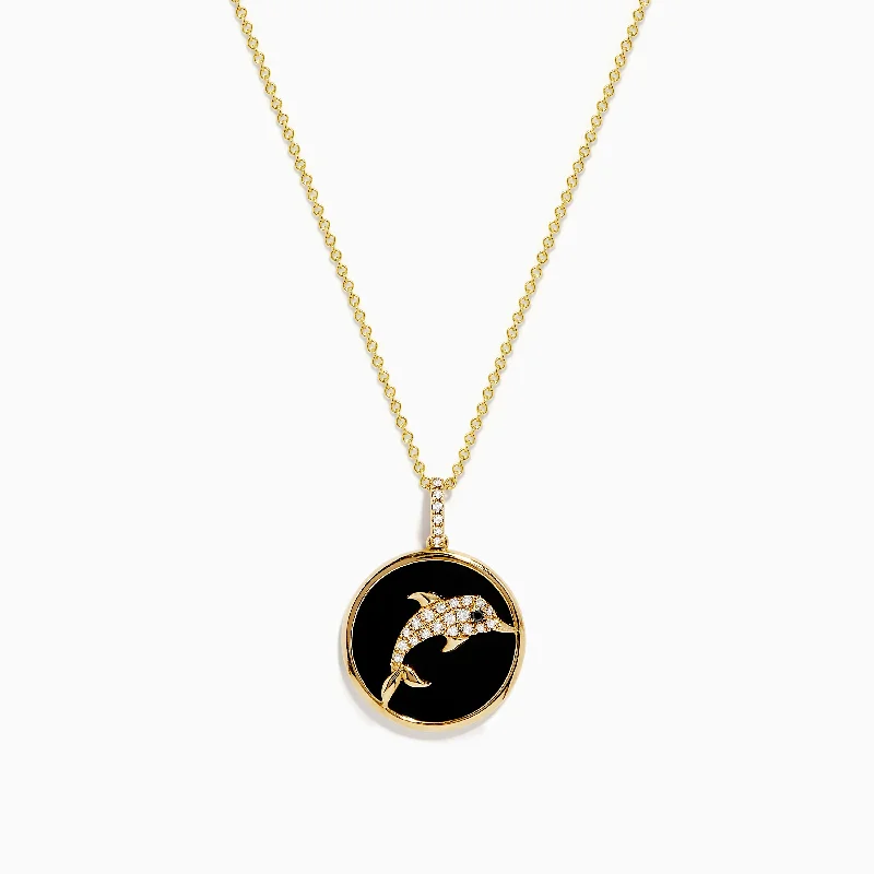 vintage style pendant necklace-Seaside 14K Gold Onyx and Diamond Dolphin Pendant