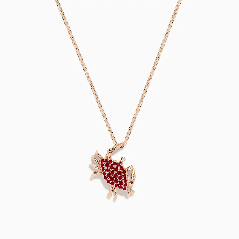 silver heart pendant necklace-Seaside 14K Rose Gold Diamond and Ruby Crab Pendant