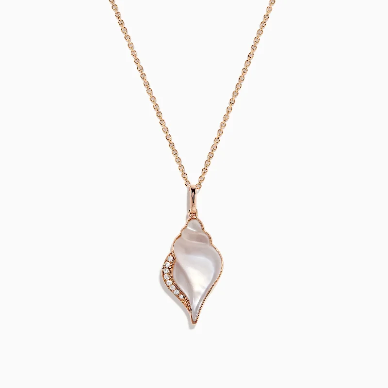 antique silver necklace-Seaside 14K Rose Gold Quartz Crystal, Mother of Pearl, Diamond Pendant