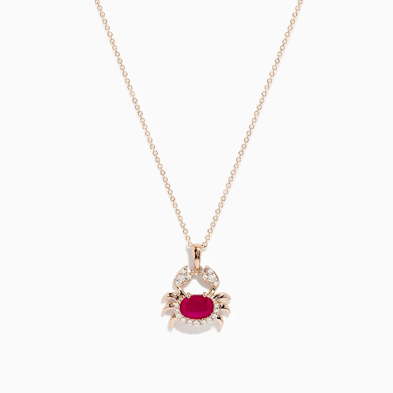 silver teardrop necklace-Seaside 14K Rose Gold Ruby and Diamond Crab Pendant