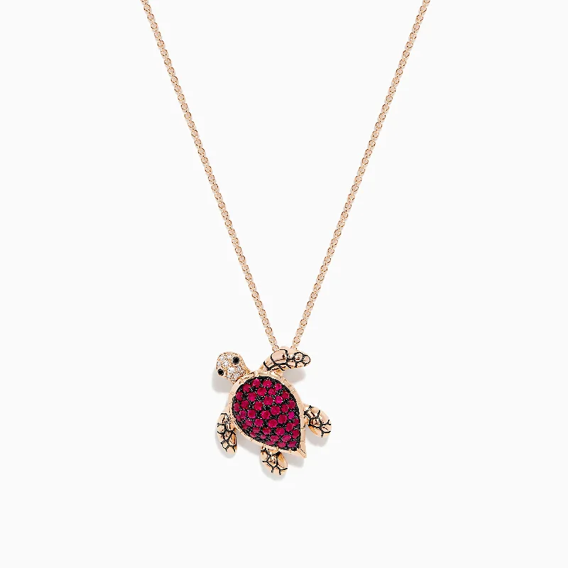 gemstone drop necklace-Seaside 14K Rose Gold Ruby and Diamond Turtle Pendant