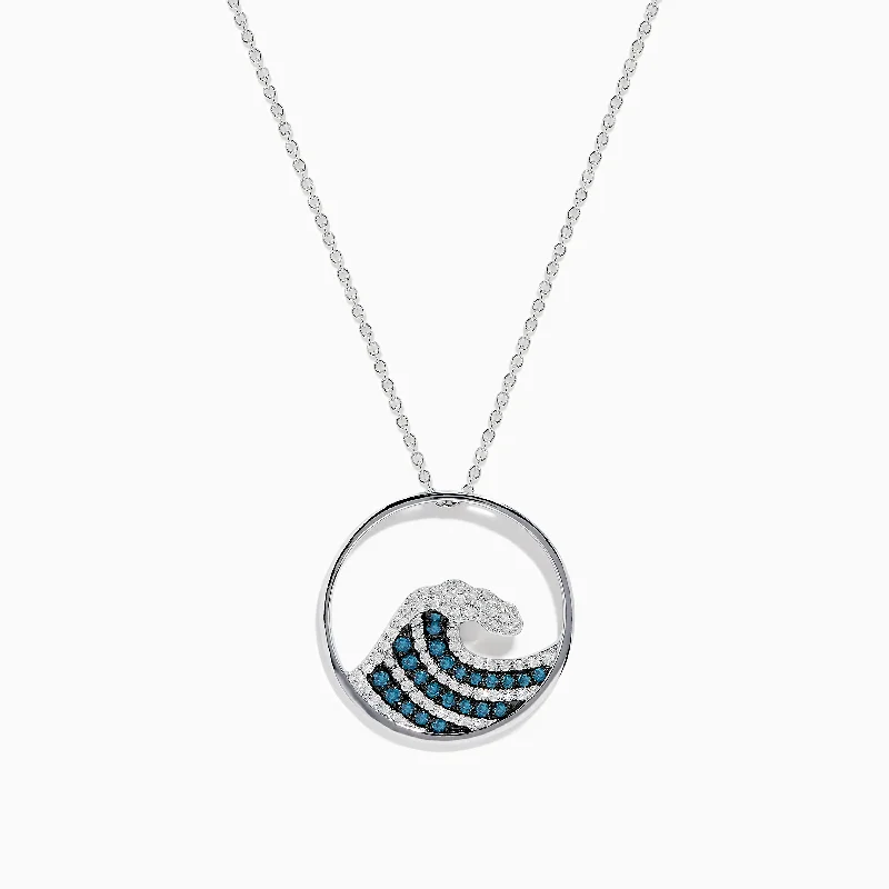 trendy gold necklace-Seaside 14K White Gold Blue and White Diamond Wave Pendant