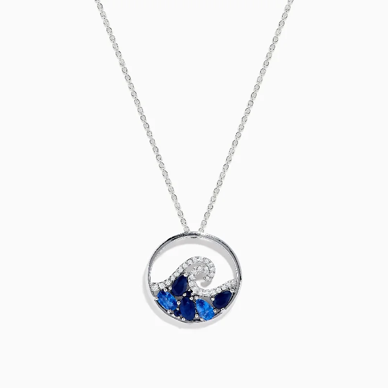 pearl necklace for women-Seaside 14K White Gold Blue Sapphire and Diamond Wave Pendant