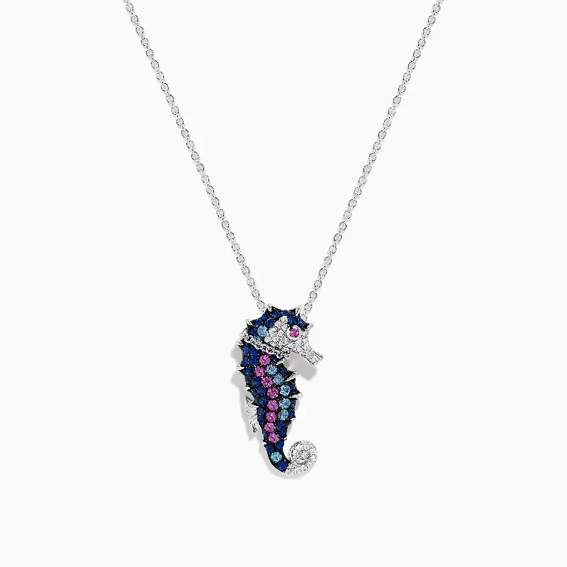 gemstone chain necklace-Seaside 14K White Gold Diamond and Multi Stone Seahorse Pendant