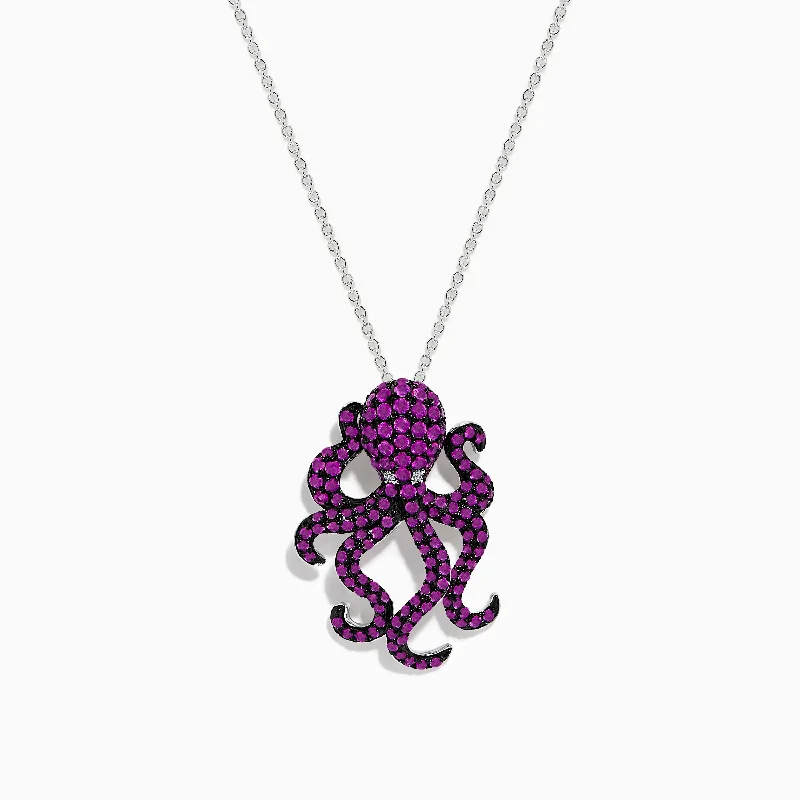 crystal necklace for women-Seaside 14K White Gold Pink Sapphire and Diamond Octopus Pendant