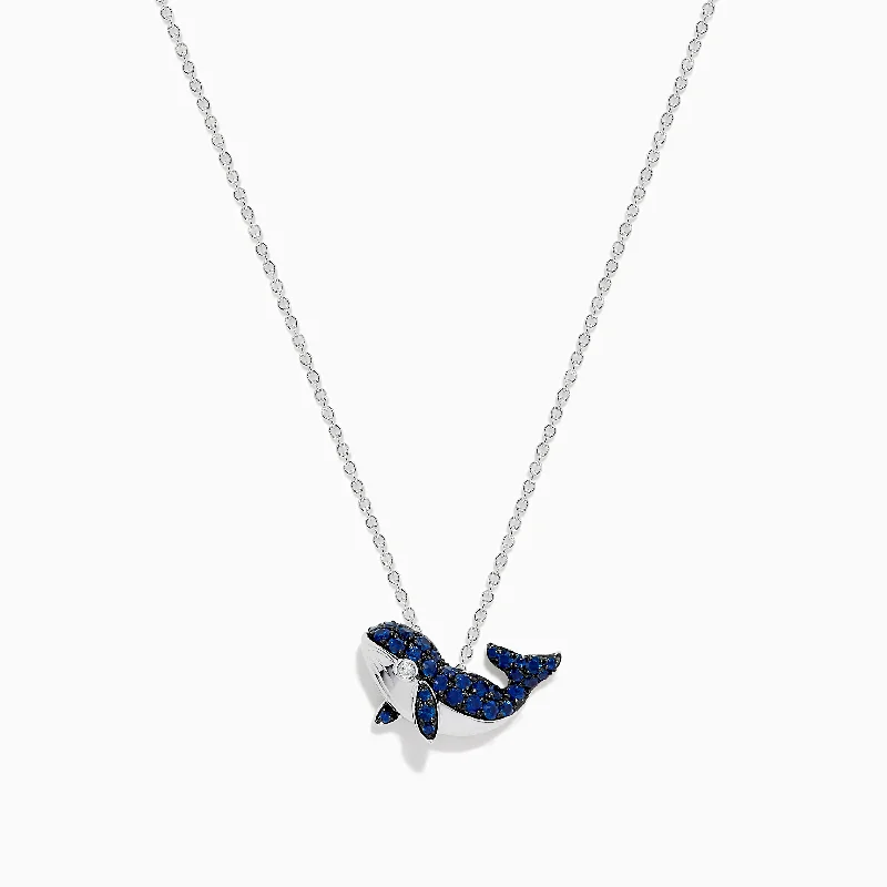 luxury silver necklace-Seaside 14K White Gold Sapphire and Diamond Whale Pendant