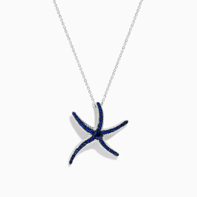 silver leaf necklace-Seaside 14K White Gold Sapphire Starfish Pendant