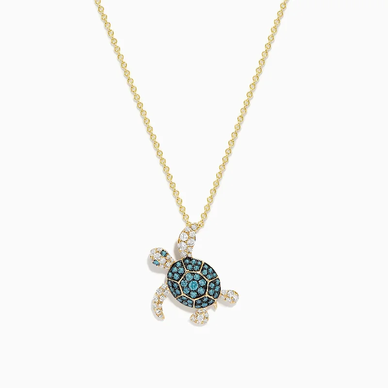 love necklace-Seaside 14K Yellow Gold Blue and White Diamond Turtle Pendant