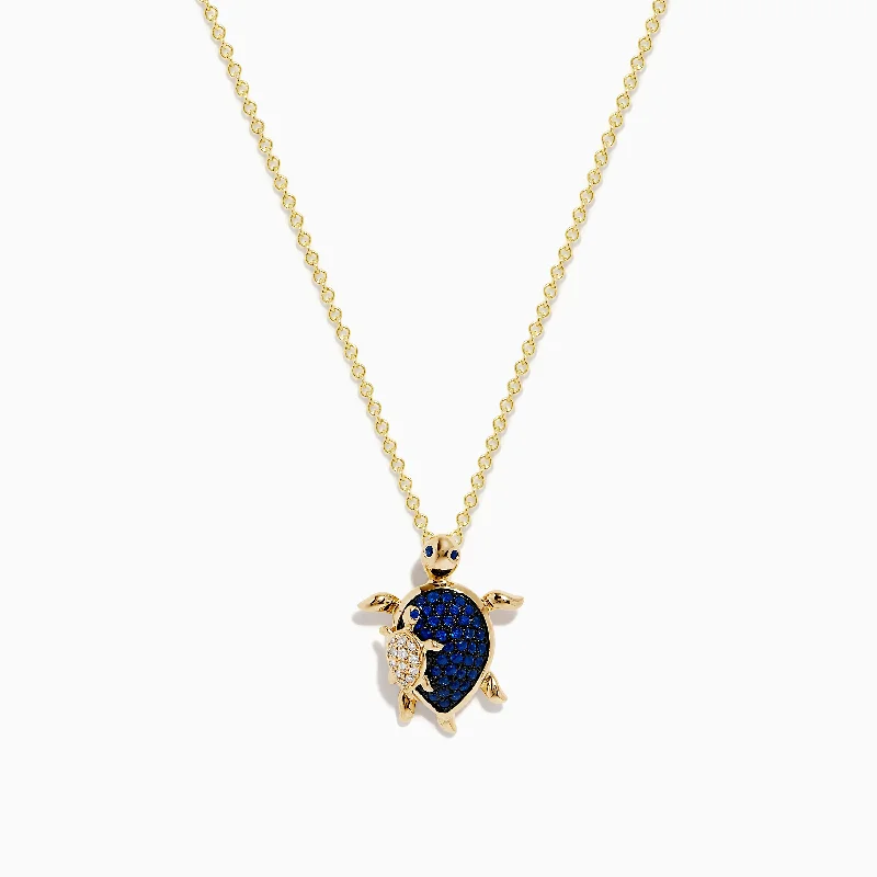 minimalist diamond necklace-Seaside 14K Yellow Gold Blue Sapphire and Diamond Turtle Pendant