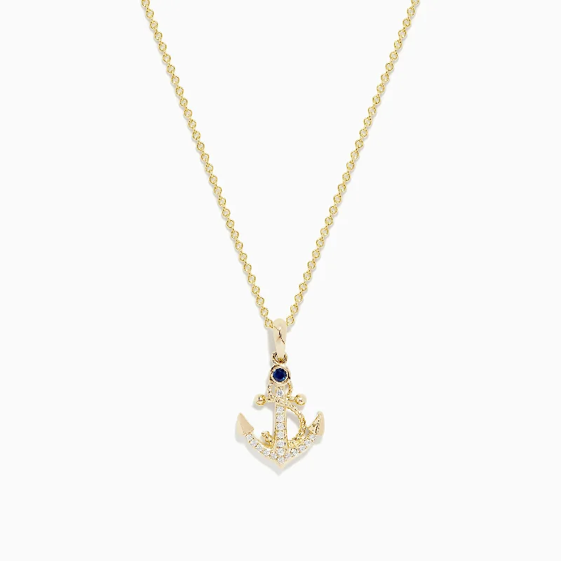 trendy gold necklace-Seaside 14K Yellow Gold Diamond and Sapphire Anchor Pendant