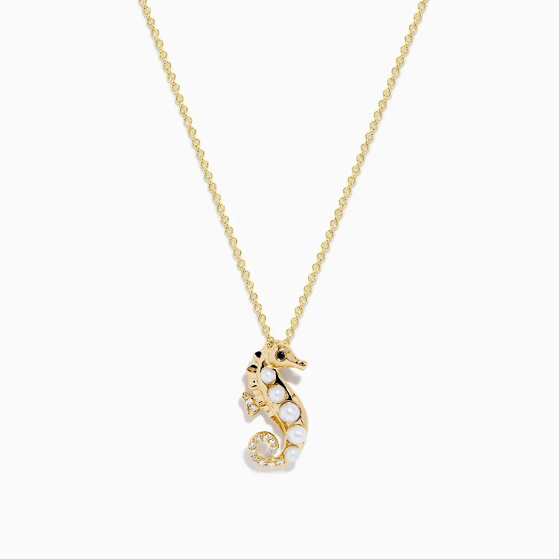 vintage inspired necklace-Seaside 14K Yellow Gold Fresh Water Pearl & Diamond Seahorse Pendant