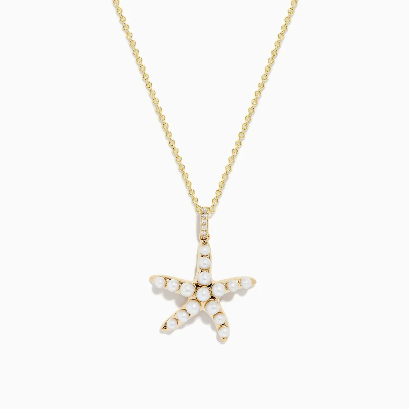 gold and silver necklace-Seaside 14K Yellow Gold Fresh Water Pearl & Diamond Starfish Pendant