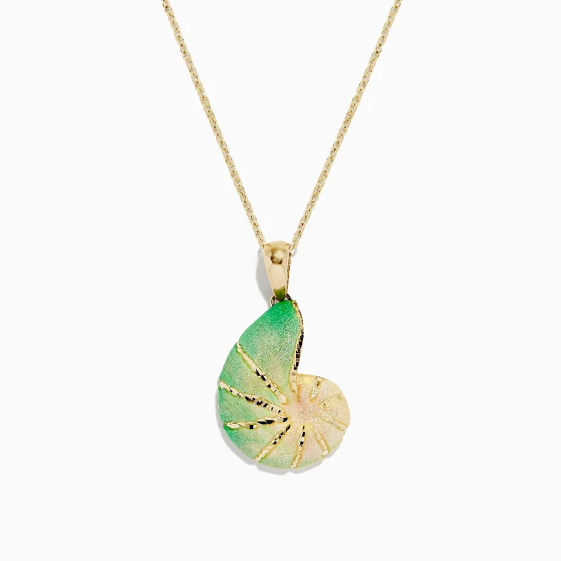 personalized bar necklace-Seaside 14K Yellow Gold Green Swirl Shell Pendant